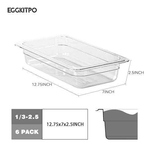 6-Pack 1/3 Size Food Pan 2.5 Inch Deep BPA Free Polycarbonate Food Storage Containers Stackable Clear Hotel Pan for Buffet Party Supplies Dishwasher Freezer Safe (1/3 Size / 2-1/2” Deep)