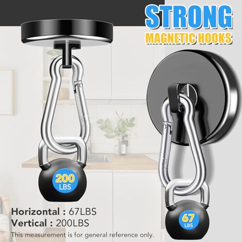 200Lbs Magnetic Carabiner Hooks 2Pcs Strong Magnetic Hooks Heavy Duty (200lb-2P Black)