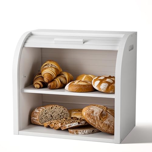 2 Tier Bamboo Bread Box for Kitchen Counter (White / Large)