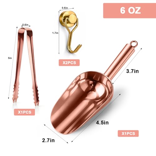 Stainless Steel Ice Scoop for Freezer with Magnetic Hook & Ice Tongs (6oz / Rose Gold)