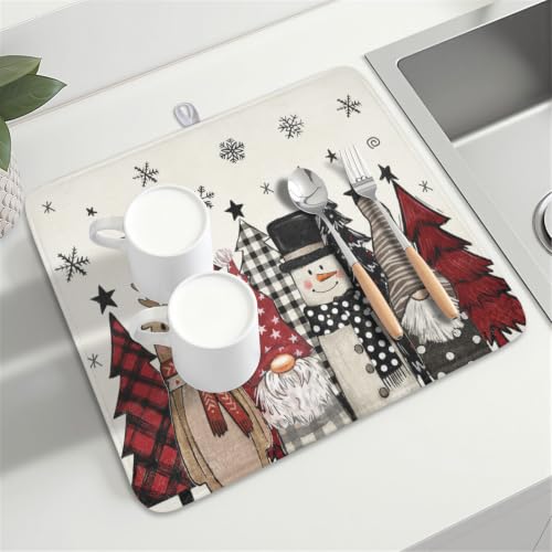 Winter Snowman Gnome Dish Drying Mat Xmas Tree Dishes Pad 16"x18" Microfiber Fast Dry Dish Drainer Rack Mats Kitchen Countertop Accessories (Winter Snowman Gnome / 16x18 inch)