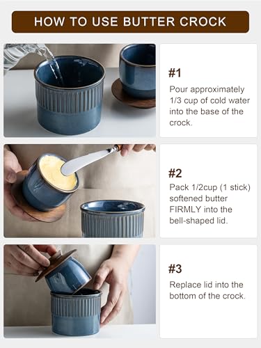 Ceramic Butter Crock with Lid for Countertop (Blue / Leaf-3.94"dia)