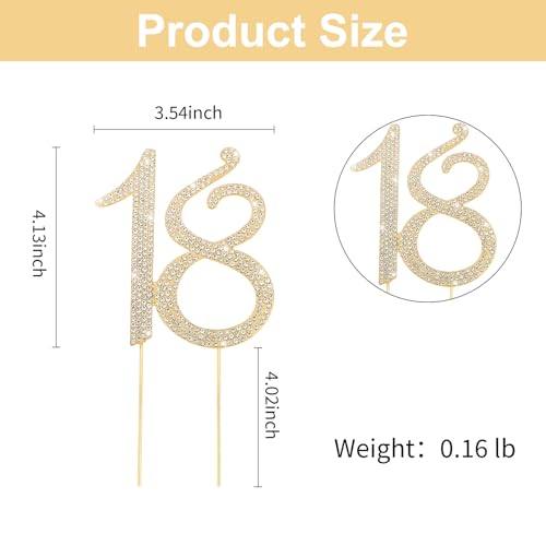 Gold 18th Birthday Cake Topper Rhinestones Cake Decorations for 18th Birthday Party (18th- Gold)