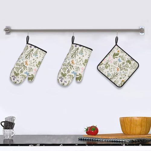 Vintage Floral Oven Mitts and Pot Holders Sets of 3 Cute Botanic (Vintage Floral)