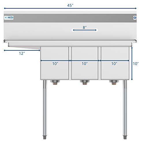 SC101410 12L3 3 Compartment Stainless Steel NSF Commercial Kitchen Sink with 1 Drainboard (1 Drainboard)