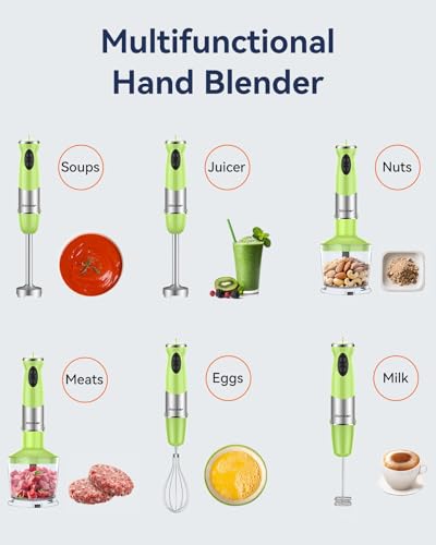Immersion Blender Handheld 1000W 5 in 1 Corded Stick Hand Blender Kitchen with 12 Speed (Green)