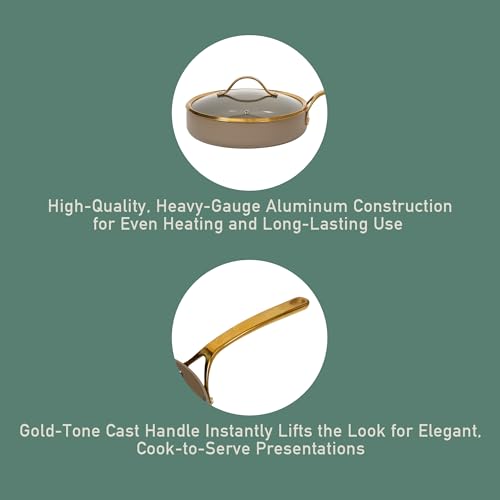 Non Stick Ceramic Frying Pan (Cappuccino Cream w/ Gold Handle / Deep Fry Pan w/ Lid (10-Inch))