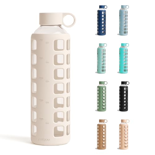 40oz / 32oz / 22oz / 12oz Borosilicate Glass Water Bottle with Time & Volume Markers, Silicone Sleeve, Stainless Steel Lid | Reusable Glass Bottle for Water & Juice (32oz Pearled Ivory) (Pearled Ivory (1 Count) / 32 Ounces)
