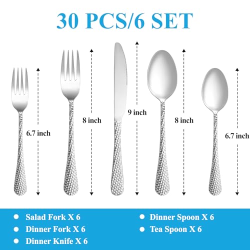 30 Pcs Hammered Silverware Set Service for 6 (Silver)