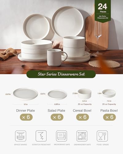 Star Stoneware Dinnerware Sets with Pasta Bowls (Matte White)