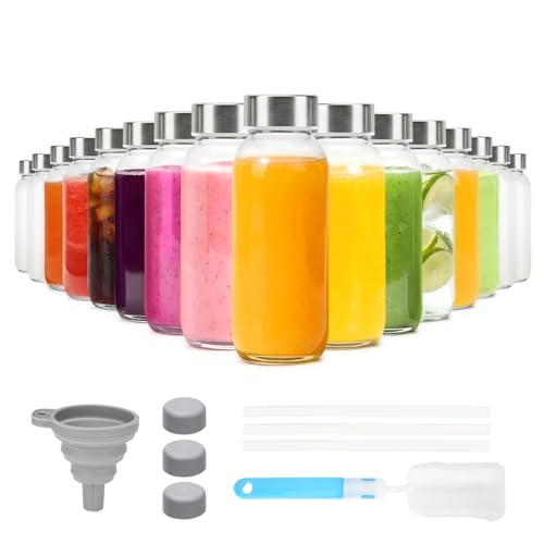 Glass Juice Bottles with Lid 12 oz (Clear Glass Bottle 16 Pack / 12 Ounces)