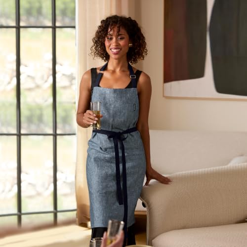 100% Pure Linen Kitchen Apron (Denim Blue / Navy / 33 X 30 Inch)