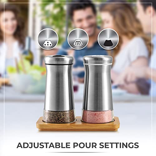 Salt and Pepper Shakers set with Adjustable Pour Holes (Black & White Shakers Set + Bamboo Stand)