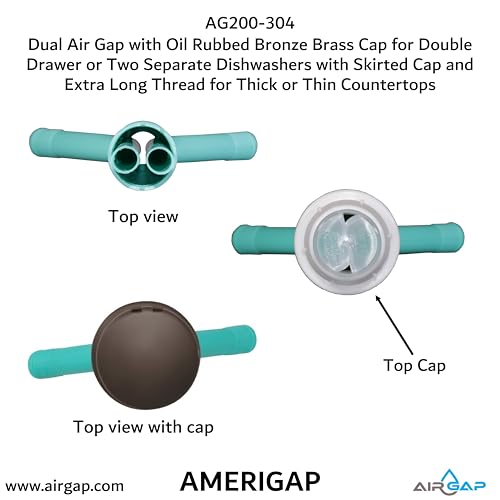 Dual Air Gap with Oil Rubbed Bronze Brass Cap for Double Drawer or Two Separate Dishwashers with Skirted Cap and Extra Long Thread for Thick or Thin Countertops (AG200-304)