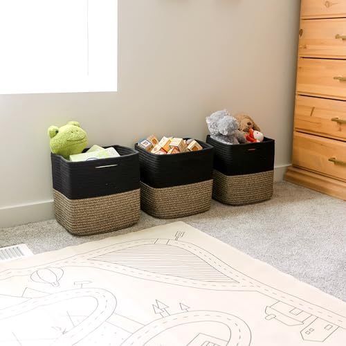13 Inch Cube Storage Bins Cotton Rope Woven Baskets for Organizing 3 (Black & Mixed Black / 13 x 13 x 13 (Standard))