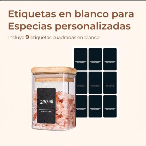 Square Glass Spice Jars with Labels 8 oz 6 Pack with Bamboo Lids (6 Count)