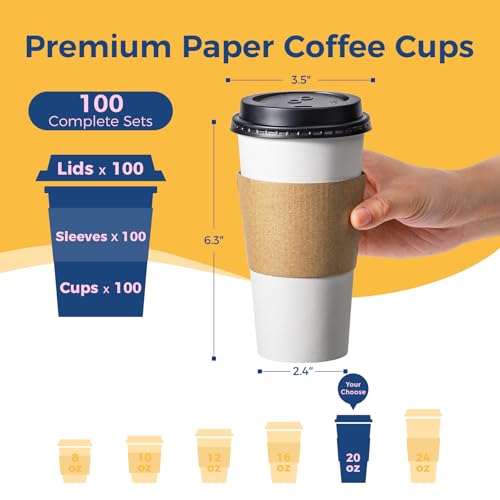 100 Pack 20 oz Disposable Coffee Cups with Lids (20 oz)