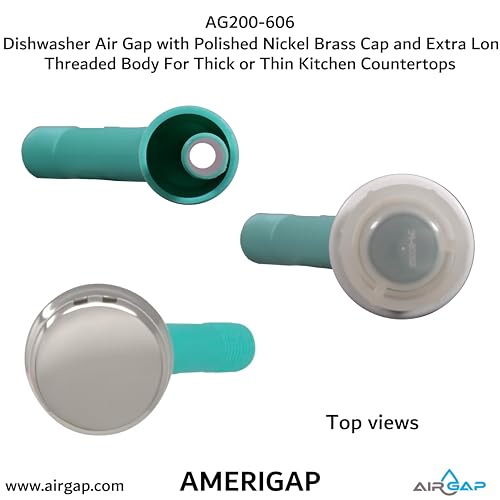 Dishwasher Air Gap with Skirted Polished Nickel Brass Cap and Extra Long Threaded Body for Thick or Thin Kitchen Countertops (AG200-606)
