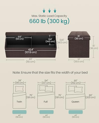 43.3 Inches Folding Storage Ottoman Bench (Brown / 15"D x 43"W x 15"H (without Flipping Lid))