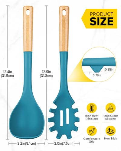 Silicone Soup Ladle and Pasta Spoon Set with Wooden Handle (2 Count)