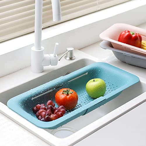 Collapsible Sink Colanders and Strainers Basket Over the Colander Extendable Plastic Fruit Vegetable Strainer Drainer for Kitchen (I-Double Green)