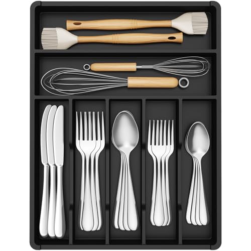 Silverware Drawer Organizer Tray (Black / 12.3 x 16 inch (7 Slots))
