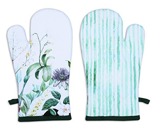 Oven Mitts Set of 1 Quilted Liner with Hanging Loop Non Slip (7x13 inches / Floral Shrubs)