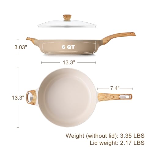 Ceramic Nonstick Frying Pan Skillet with Lid (6QT / 13.3IN / Ceramic Taupe)