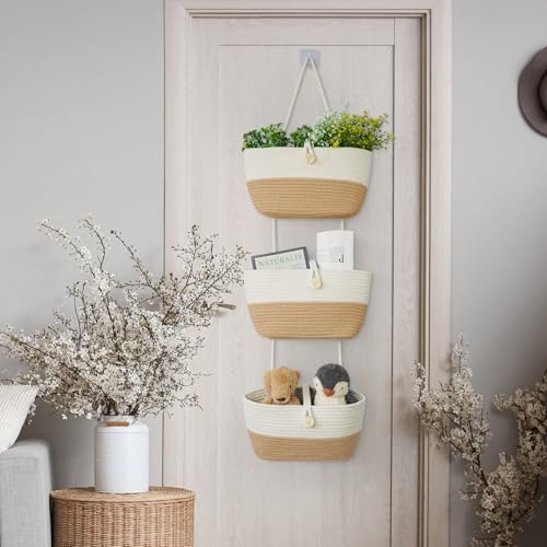 Over the Door Hanging Baskets with Wooden Button (White&Jute / 3 tier+Wooden Button)
