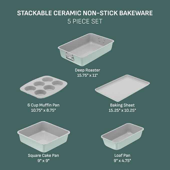 T-fal Refresh Ceramic Nonstick Baking Pans Set (5 Pieces), Roaster, 6-Cup for Muffins, Loaf, Square Baking Sheets Non Stick, Stackable Bakeware Sets, Mint Green