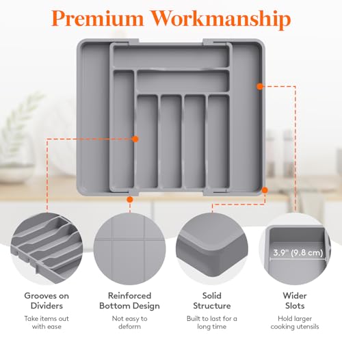 Expandable Silverware Drawer Organizer (Gray / Large Deep（11.8-19.6'W x 15''D）)