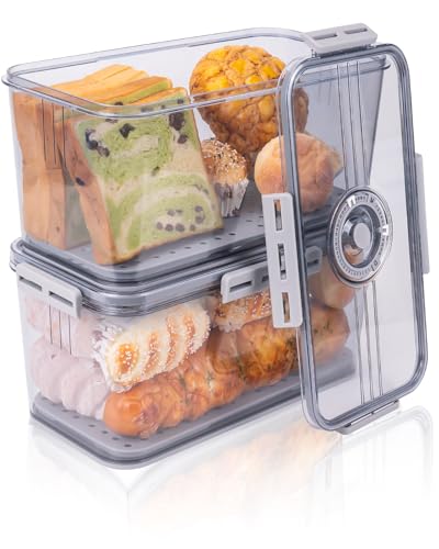 Bread Box 2 Pack Bread Storage Container Airtight Recording Time Bread Box for Kitchen Countertop Plastic Bread Keeper with Lid for Homemade Bread (Grey)