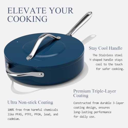 Premium Ceramic Sauté Pan with Lid (Navy Blue)