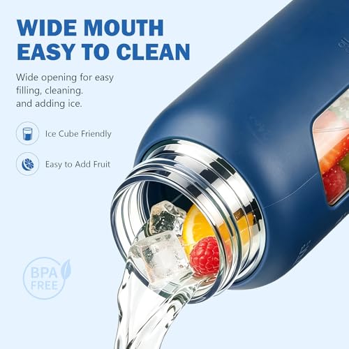 24 oz Glass Water Bottle with Straw and 2 Lids (Navy Blue / 24 Ounces)