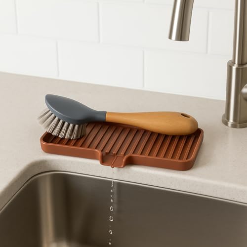 Silicone Soap Dish Tray and Sponge Holder with Drain Chute (Vanilla Cream / (MD) 9"x3.5")