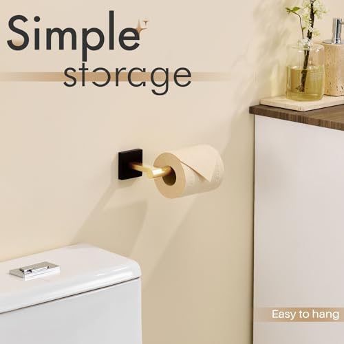 Toilet Paper Holder Black with Gold Toilet Roll Holder Hold Mega Rolls Kitchen Bathroom Tissue Paper Dispenser Stainless Steel (Black Gold / Horizontal)