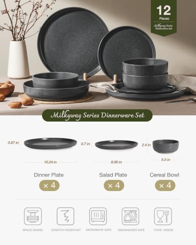 Milkyway 12 Piece Stoneware Dinnerware Set (Matte Dark Charcoal / Service for 4 (Standard Dinner Set))