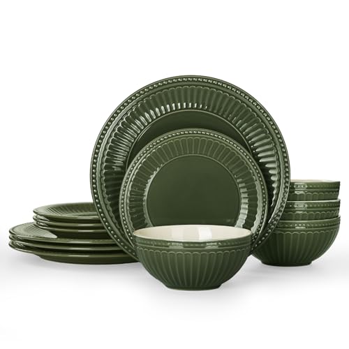Ceramic Plates and Bowls Sets (Dark Green / Service for 4)