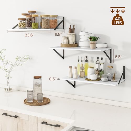24W x 12D Deep Floating Shelves Set of 3 White (White With Black Metal Bracket / 24wx12dx5.8h)