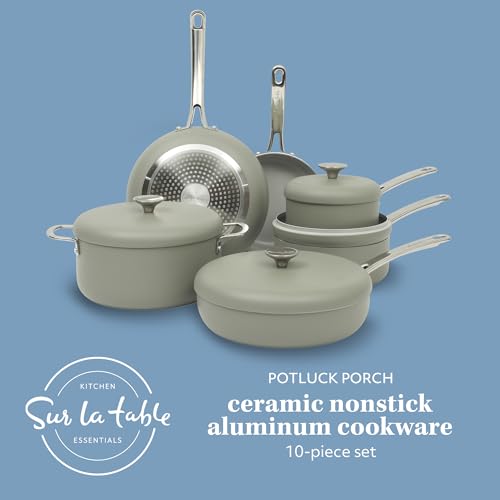 Kitchen Essentials Potluck Porch 10 Piece PFA Free Ceramic Non stick Interior Forged Aluminum Cookware Pots and Pans Set W (10-Piece Cookware Set / Green)