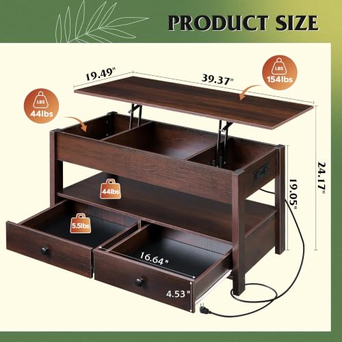 Lift Top Coffee Table with LED and 2 Drawers (Led+espresso / 39" with Drawer)