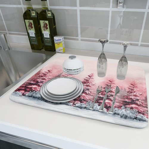 Christmas Decorative Dish Drying Pad Absorbent Microfiber Drying Mat Pink Trees Drainer Mats 18 X 24 In (Winter Trees 4724 / 24" x 18")