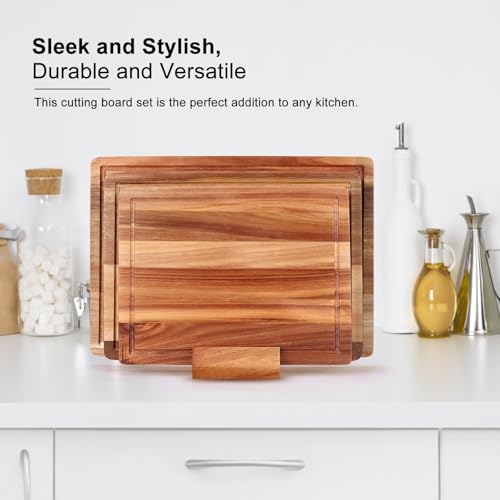 Extra Large Acacia Wood Cutting Board Set of 3 Wooden Chopping Board With Holder Fruit Cutting Boards Charcuterie Boards for Kitchen Bread Cheese Serving Board Meat Cutting Board Carving Board (Acacia Wood / 3-Piece Set: 17" x 12", 15" x 11", 13" x 10")