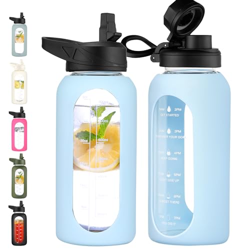 32 oz Glass Water Bottle with Straw (Light Blue / 32 Ounces)
