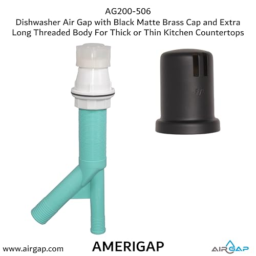 Dishwasher Air Gap with Skirted Black Matte Brass Cap and Extra Long Threaded Body for Thick or Thin Kitchen Countertops (AG200-506)