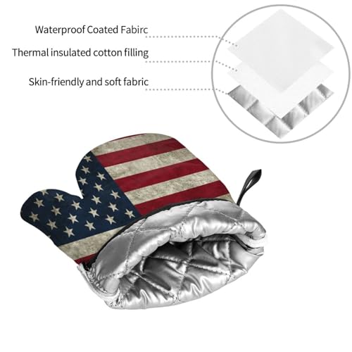 Retro American Flag Oven Mitts and Pot Holders Sets of 4 High Heat Resistant Oven Mitts with Oven Gloves and Hot Pads Polyester Potholders for Kitchen Baking Grilling Non