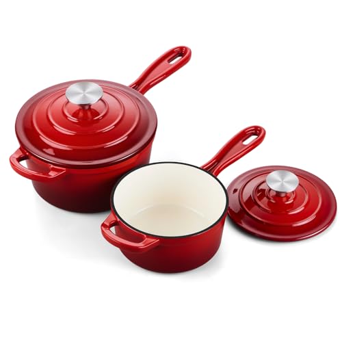 Enameled Cast Iron Sauce Pan (Red / 1+2 Quarts)
