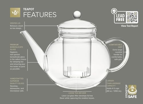 Stovetop & Microwave Safe Glass Teapot with Removable Loose Tea Glass Infuser (40 FL OZ (4-5 CUPS))
