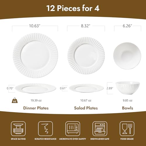 12Pc Rhombus Edge White Bone China Set (White-Rhombus / service for 4-12pcs)
