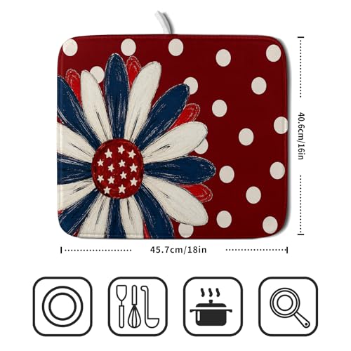 Patriotic Dish Drying Mat 16 x18 In Red and Blue Daisy Microfiber Kitchen Draining Mat for Countertops (Patriotic Floral Red / 18" x 16")